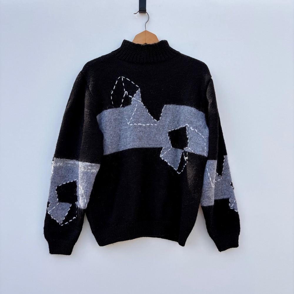 Sweater S Black Grey Polo Collar Abstract Patchwork Geometric Design Chunky Knit - Picture 3 of 6